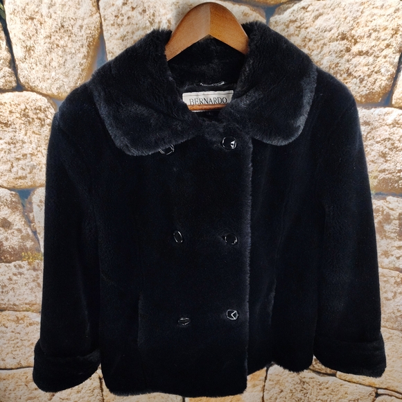 Bernardo Black Faux Fur Double Breasted Jacket Women's Size Large - Picture 9 of 16